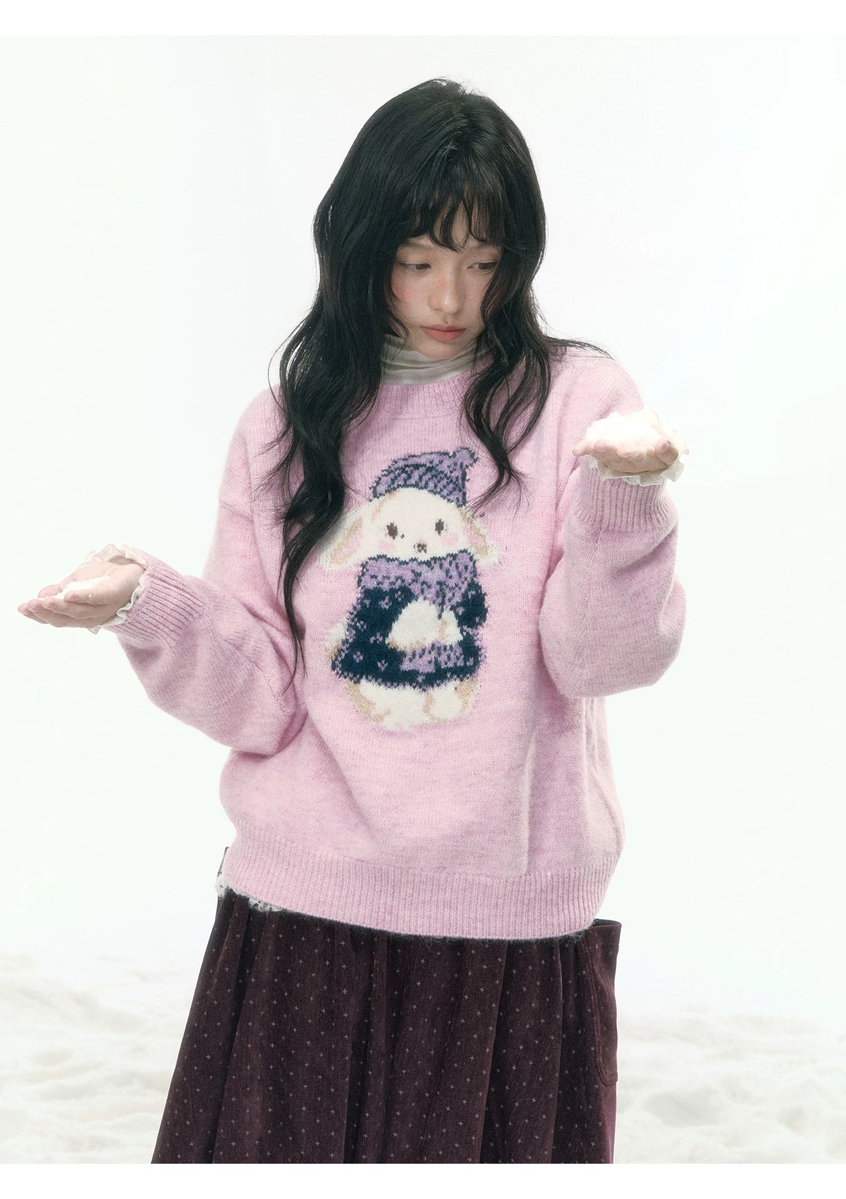 JOVYLLE - Pink Rabbit Jacquard Knit Sweater
