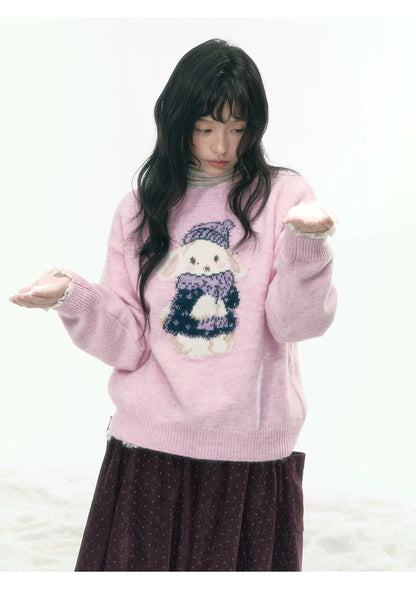 JOVYLLE - Pink Rabbit Jacquard Knit Sweater