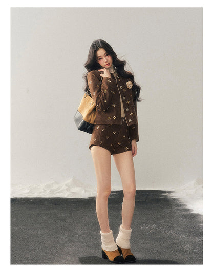 少也眼 "Deep Winter Wutong" Quilted Wool Tweed Two-Piece Set
