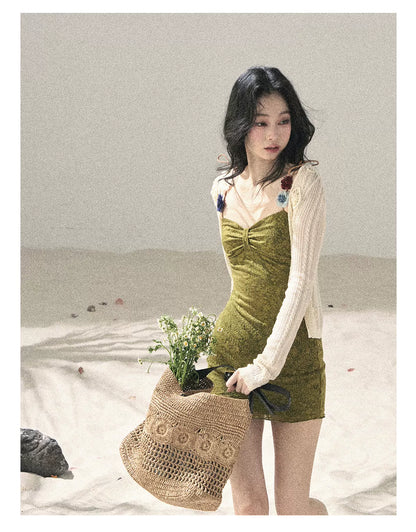 "Entwined Vines" Olive Mist Bodycon Dress & Cardigan Set 543648532