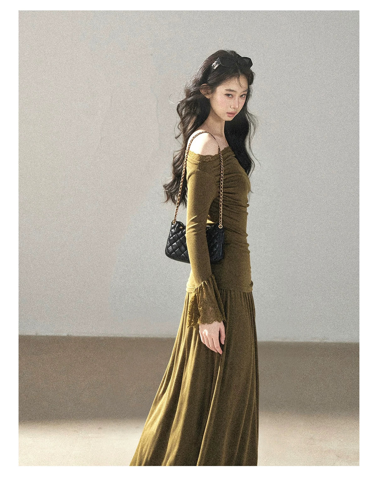 AOMALM - Terracotta Brown Lace Trim Knit Top and Maxi Skirt Set