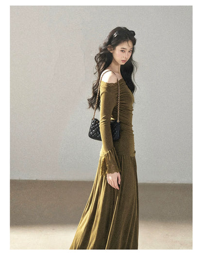 AOMALM - Terracotta Brown Lace Trim Knit Top and Maxi Skirt Set