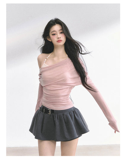 少也眼 "Soft Whisper" Korean Asymmetric Dual-Layer Off-Shoulder Top - Pink