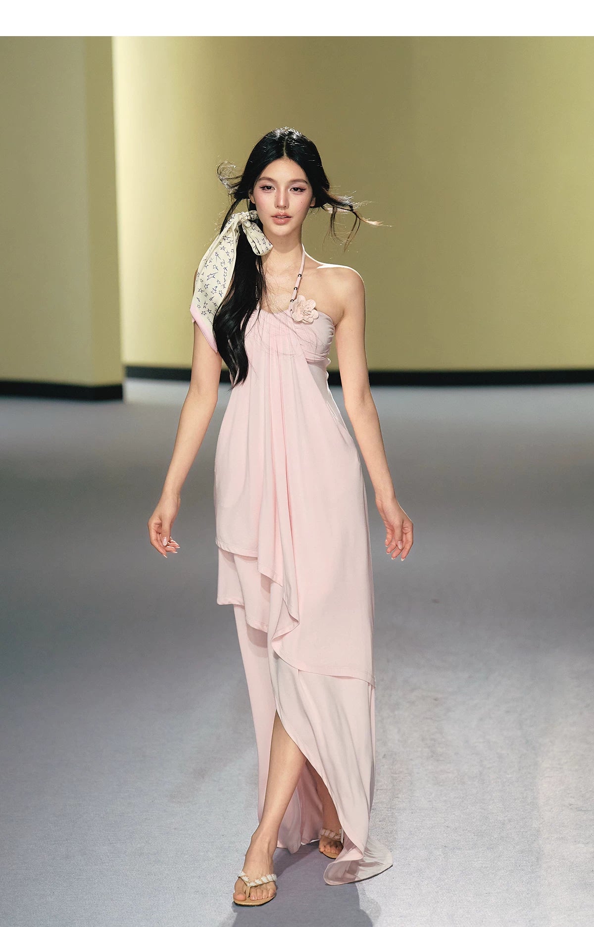 "Moonlit Reverie" Halter Layered Maxi Dress (Black/ Blush Pink)