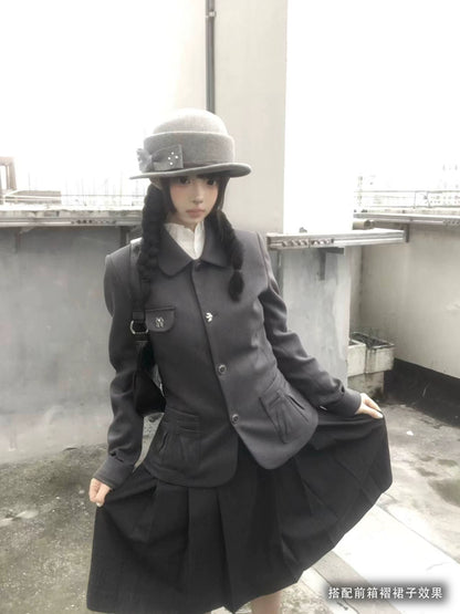 "Grey Finch" Gray Korean Preppy Suit Collection (Blazer / T-Shirt / Box Pleated Skirt)