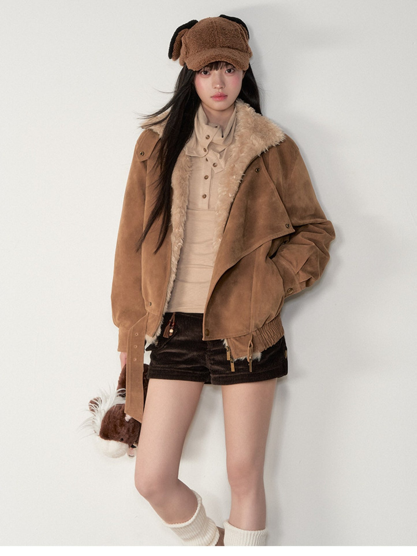 Soote Season - “Melard Mood” Retro Faux Suede Shearling-Trim Biker Jacket - Almond Brown