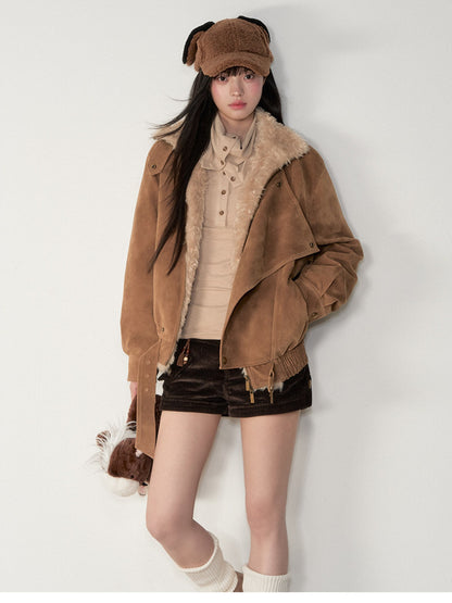 Soote Season - “Melard Mood” Retro Faux Suede Shearling-Trim Biker Jacket - Almond Brown