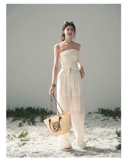 “Breath Across the Shoulders” Natural Beige Layered Bustier Top & Wide-Leg Trousers