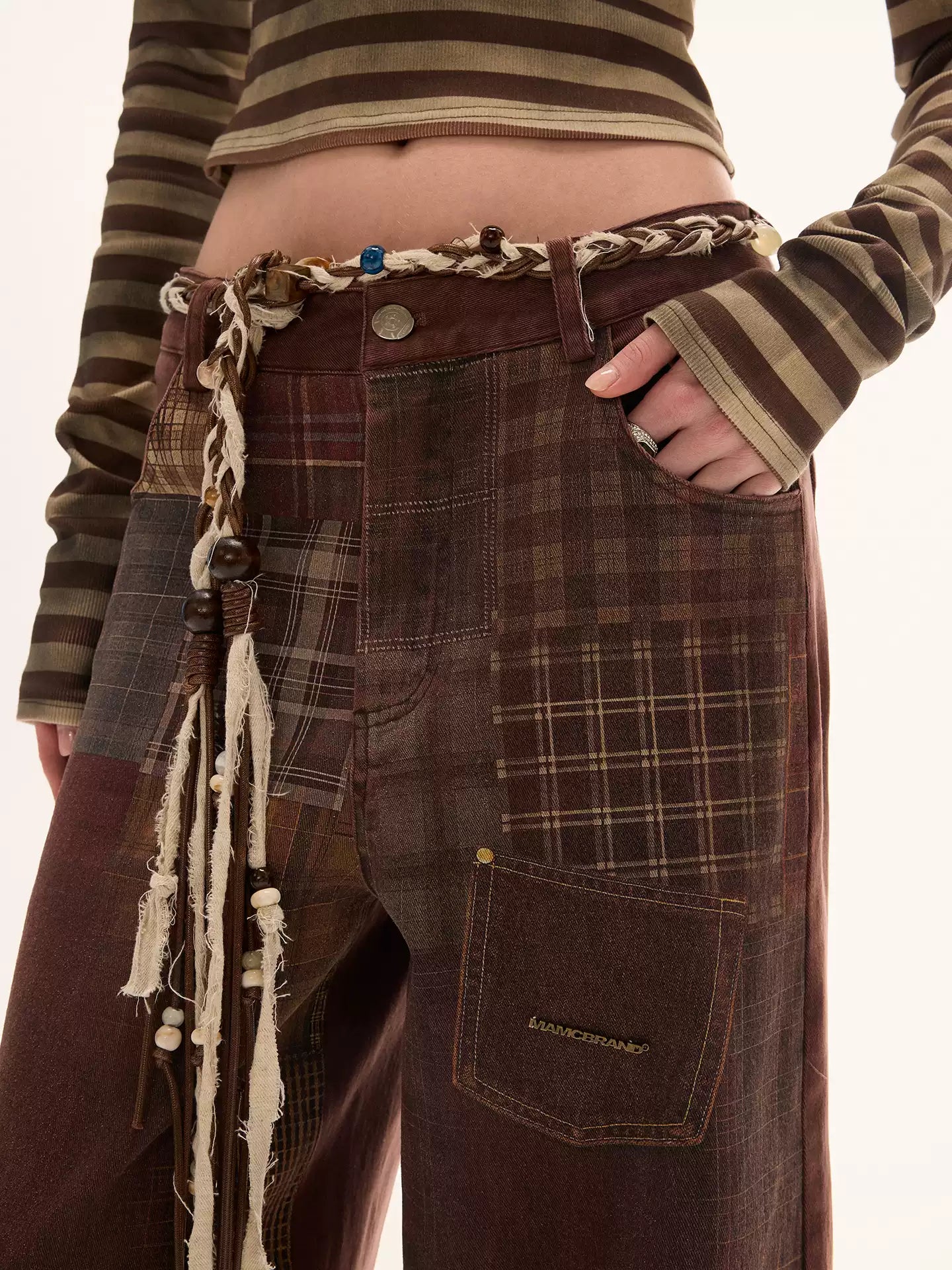 MAMC - Vintage Plaid Print Brown Jeans