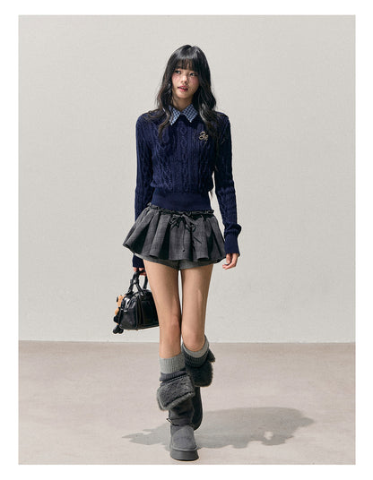 少也眼 “Unfinished Poem” Preppy Plaid-Collar Cable Knit Sweater - Navy