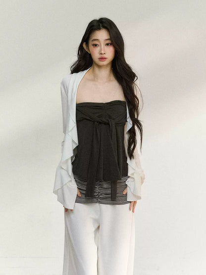 JN's DESIGN - White Ruffle Overshirt & Gray Cami Set