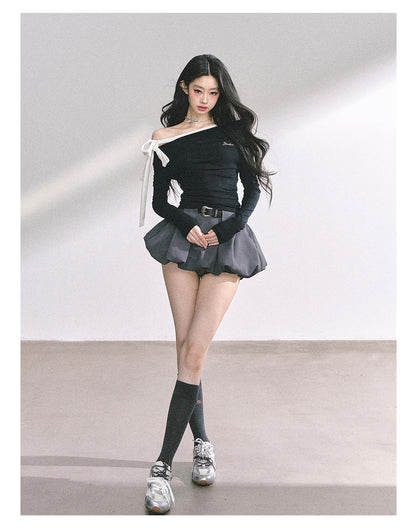 少也眼 "Sweet Temptation Spiral" Asymmetric Off-Shoulder Long-Sleeve Crop Tee - Black