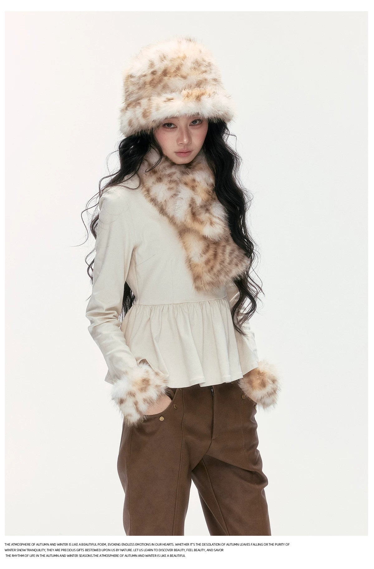 24olvides - [FREE GIFT] Winter Accessories Set: Faux Fur Scarf, Bucket Hat & Satin Bow Brooch