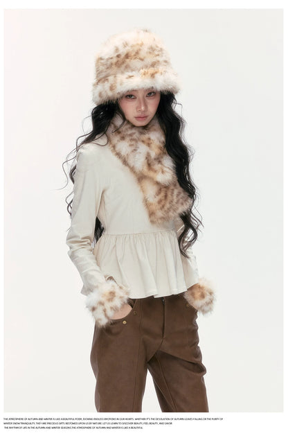 24olvides - [FREE GIFT] Winter Accessories Set: Faux Fur Scarf, Bucket Hat & Satin Bow Brooch
