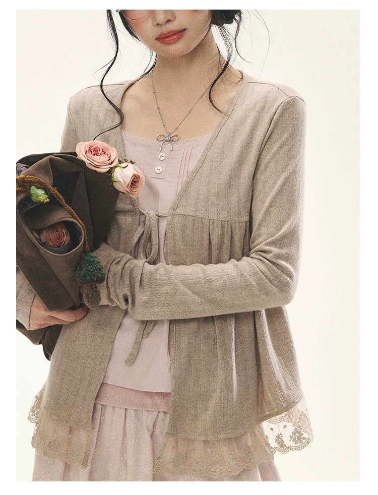"Roasted Tea Heart" Milk Tea Faux-Layer Lace Cardigan & Skirt Set