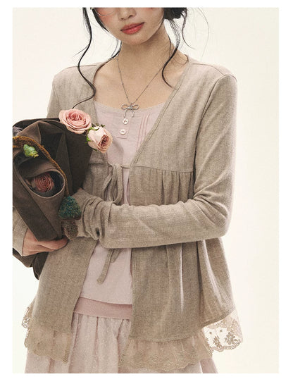 "Roasted Tea Heart" Milk Tea Faux-Layer Lace Cardigan & Skirt Set