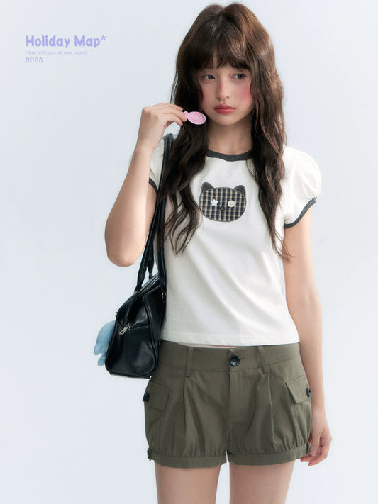 "Hide and Seek" Ivory Cat Patchwork Embroidered Puff Sleeve T-Shirt