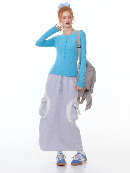 ZiziFei - Adjustable Drawstring Hem Midi Skirt – Light Grey with Bow Detail