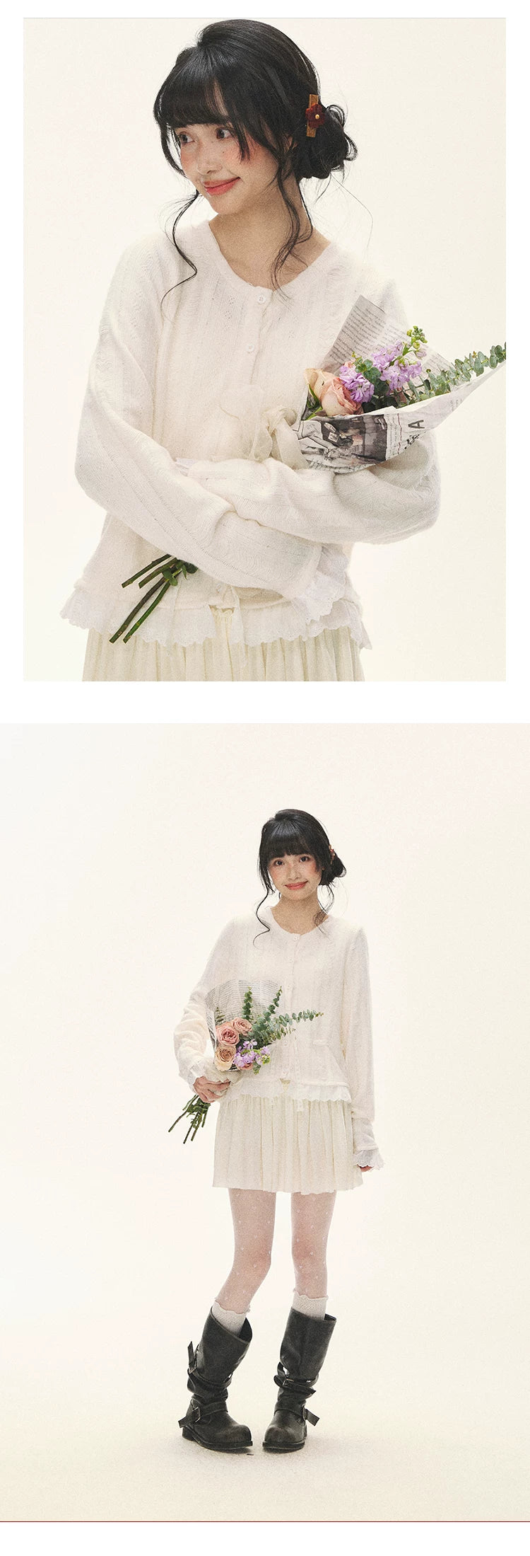 "Wisteria Whisper" Open-Knit Lace Tie Cardigan (Wisteria/ Ivory)