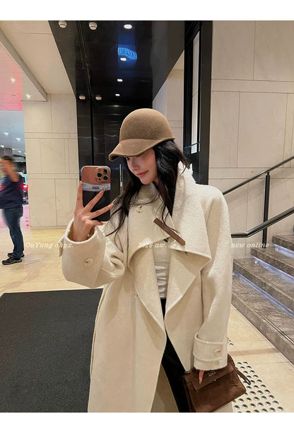 QuQuOuYang - 100% Wool Double-Face Belted Coat with Convertible Collar