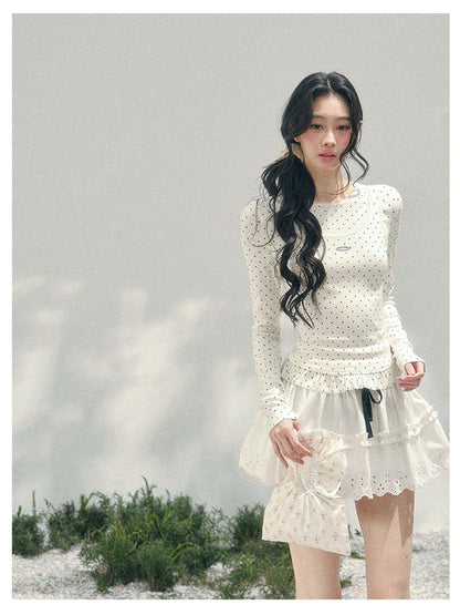 少也眼 “Soft Muse Student” Lace Polka Dot Faux-Layer Shoulder Tee 6747668
