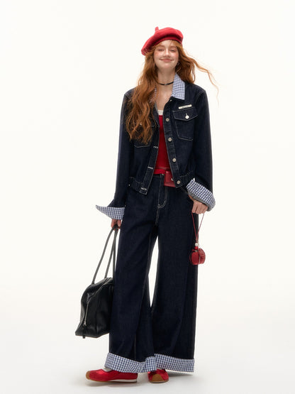 ASGONY - Patchwork Denim Jacket & Wide-Leg Jeans Set