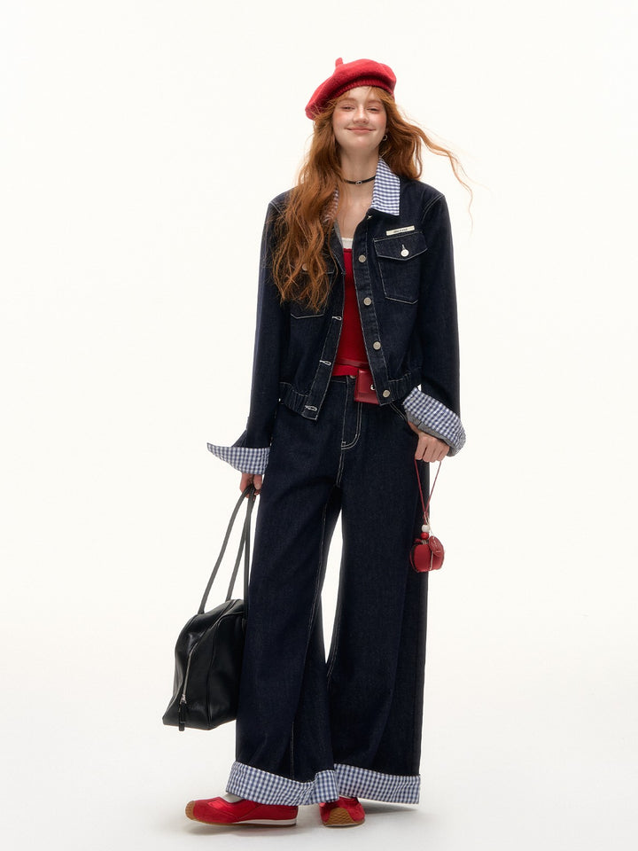 ASGONY - Plaid Cuff Contrast Wide-Leg Raw Denim Jeans (Yellow Plaid) main image 1