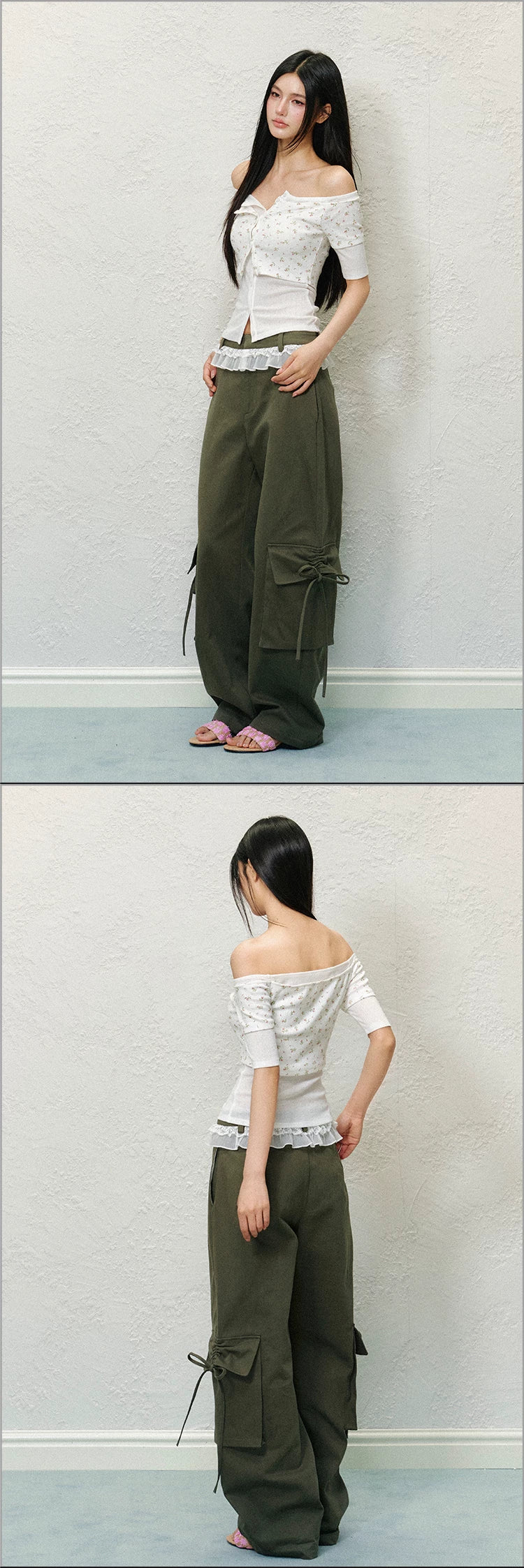 "Field Notes" Contrast Pocket Drawstring Cargo Pants (Army Green/ Grape Purple)