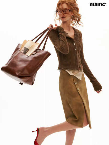 MAMC - Brown Y2K Vintage Faux-Leather Midi Skirt