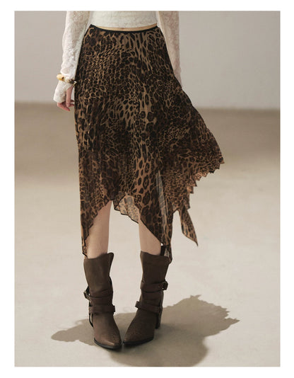 AOMALM - “Cocoa Leopard” Pleated Asymmetric Midi Skirt