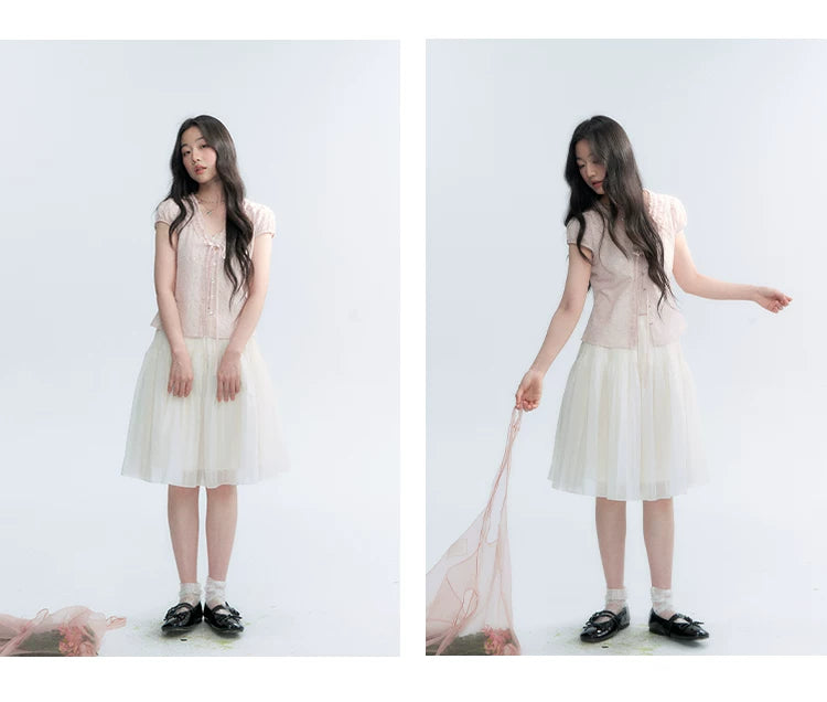 "Light Steps" Oat Apricot Pleated Lace Midi Skirt