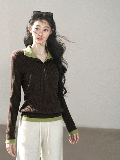 AOMALM - "Autumn in Every Stitch" Chestnut Brown Contrast-Collar Knit Top