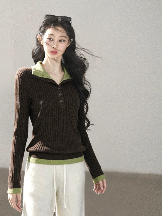 AOMALM - "Autumn in Every Stitch" Chestnut Brown Contrast-Collar Knit Top