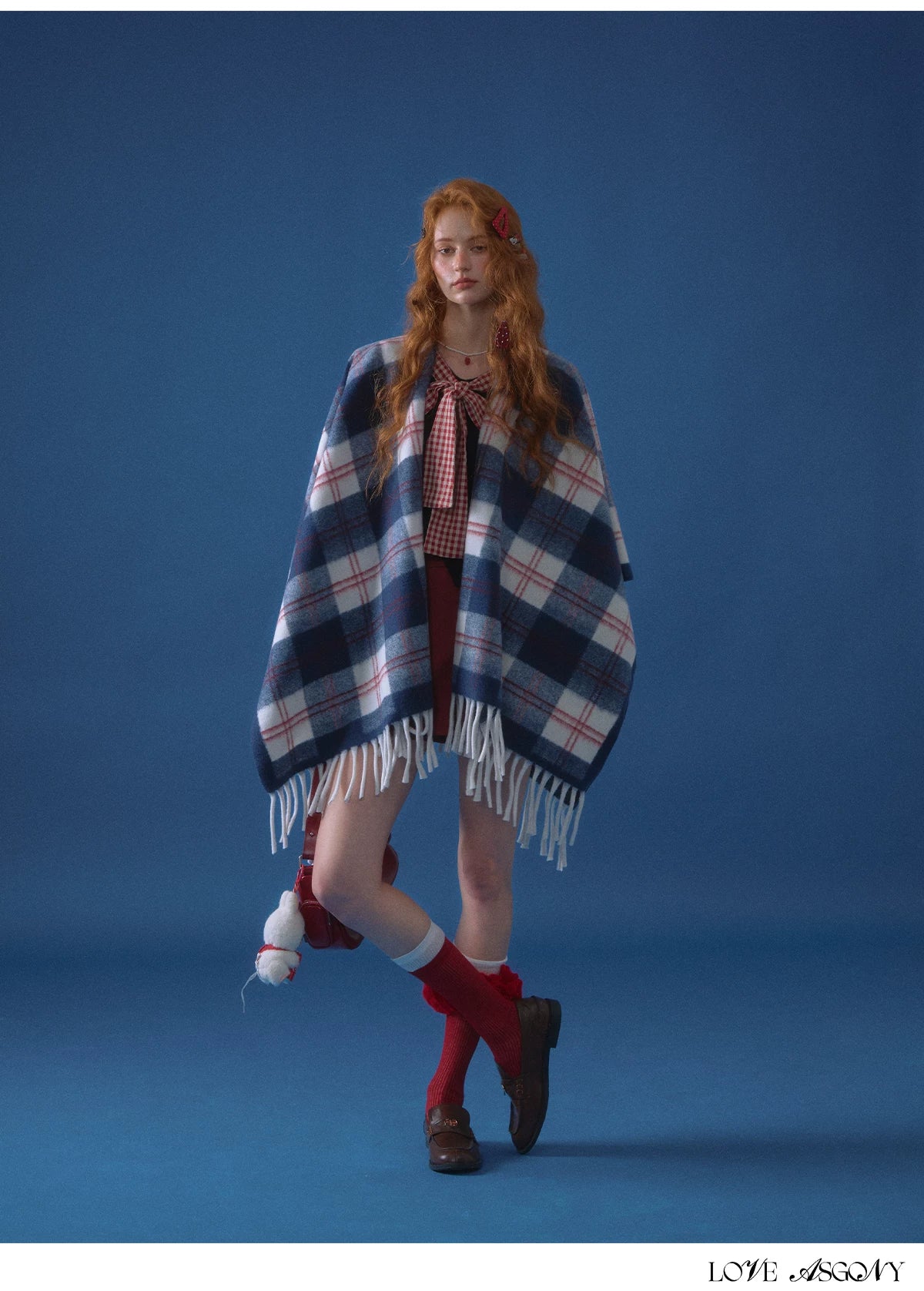 ASGONY - Navy Plaid Fringe Wrap Scarf
