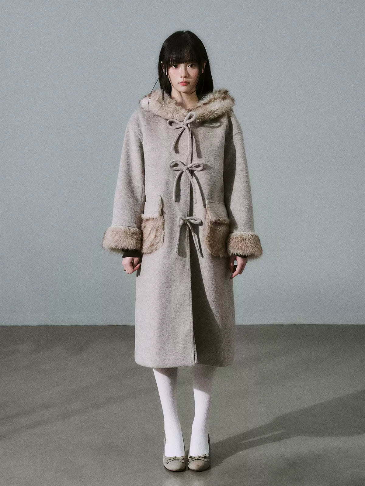 LOST FOREST - Milk Tea Wool-Blend Hooded Long Coat with Bow Tie & Faux-Fur Trim