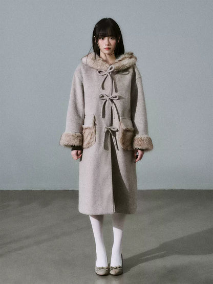 LOST FOREST - Milk Tea Wool-Blend Hooded Long Coat with Bow Tie & Faux-Fur Trim