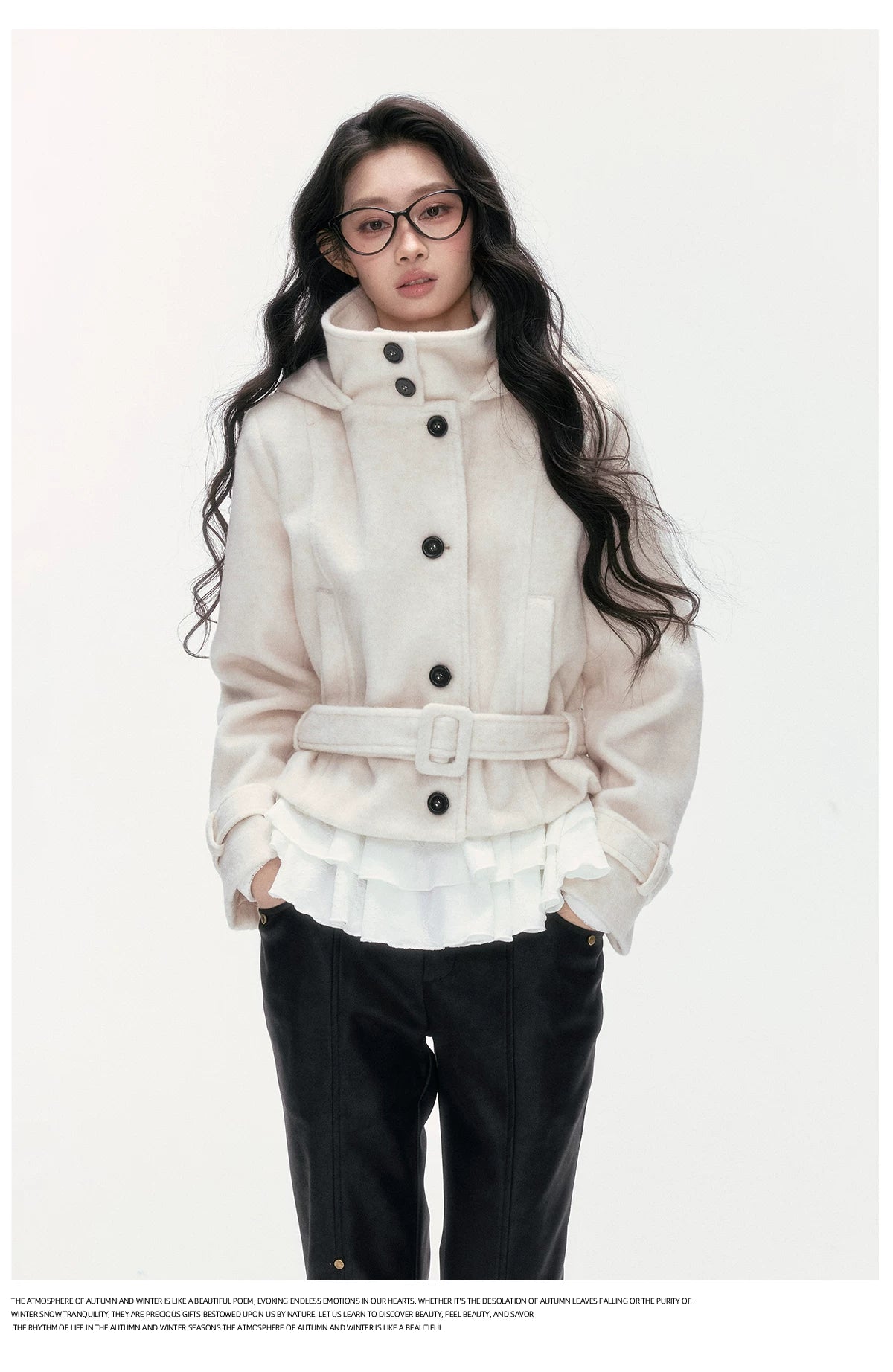 24olvides - Beige Hooded Wool-Blend Coat with Waist Belt