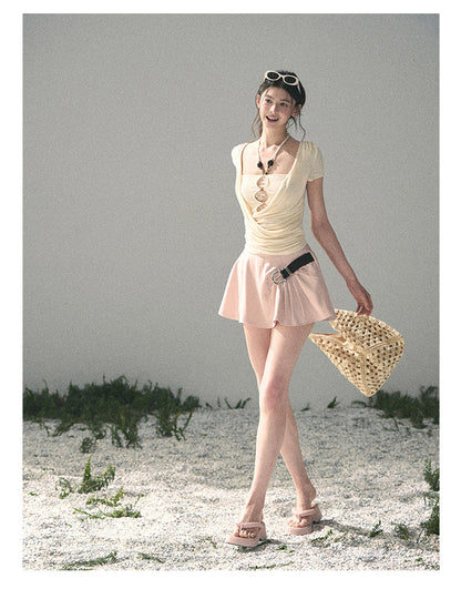 “Soft Veil Muse” Cream Apricot Layered Halter Lace Top