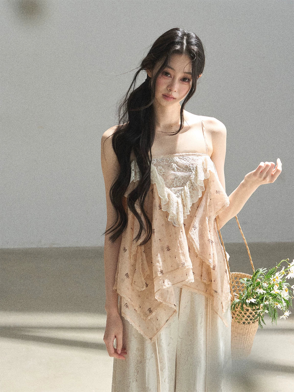 "Orange-Scented Dusk" Toasted Rice Beige Asymmetrical Lace Cami