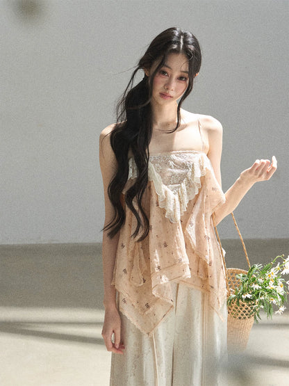 "Orange-Scented Dusk" Toasted Rice Beige Asymmetrical Lace Cami