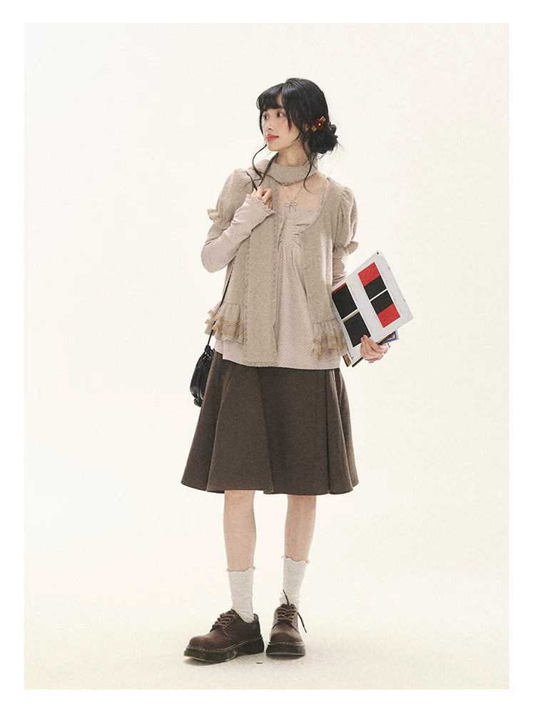 "Soft Fufu" Blush Pink Lace Puff Sleeve Knit Cardigan