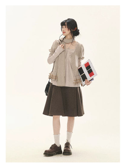 "Soft Fufu" Blush Pink Lace Puff Sleeve Knit Cardigan