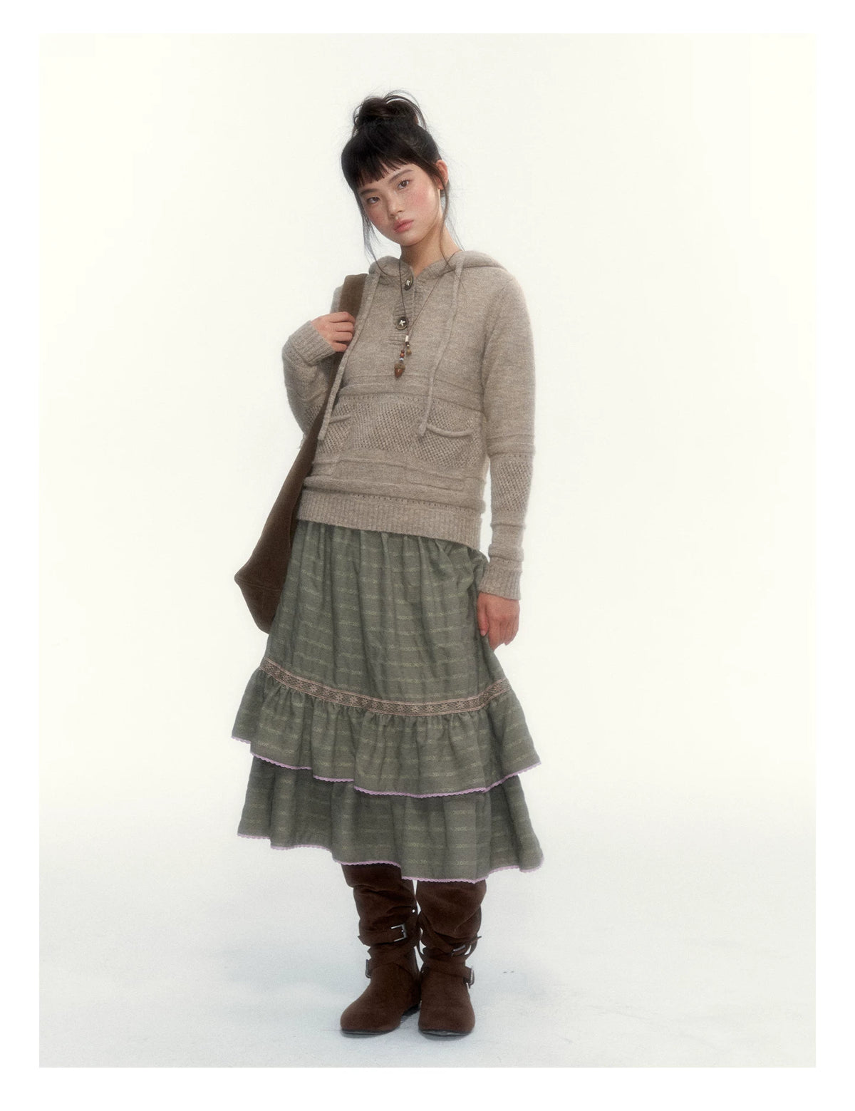 Oatmeal Ribbed-Hem Hooded Knit Sweater