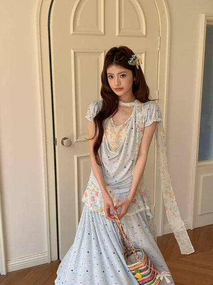 “Sea Salt Blossom Letter” Baby Blue Layered Skirt Set