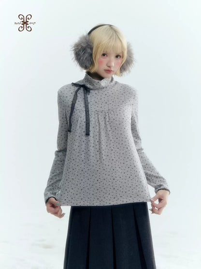 Floral Bow Lace-Tie Knit Top (Gray Floral / Light Khaki Beige)