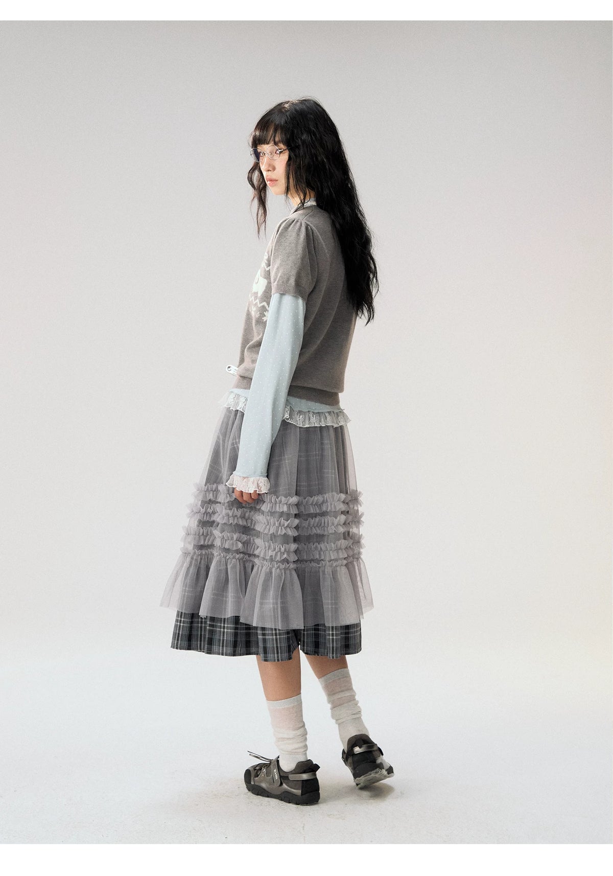 [CAN] "Little Lamb Adventure" Gray Jacquard Bow-Detail Short Sleeve Knit Top