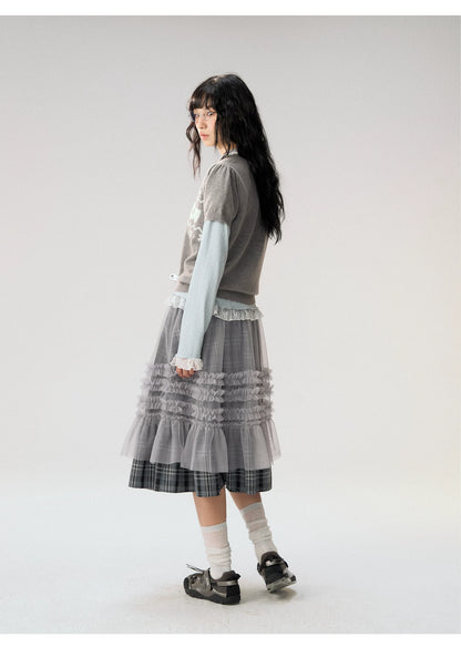[CAN] "Little Lamb Adventure" Gray Jacquard Bow-Detail Short Sleeve Knit Top
