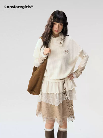 [CAN] "Cloud Knit Reverie" Ivory Cable Knit Bow Embroidered Vest