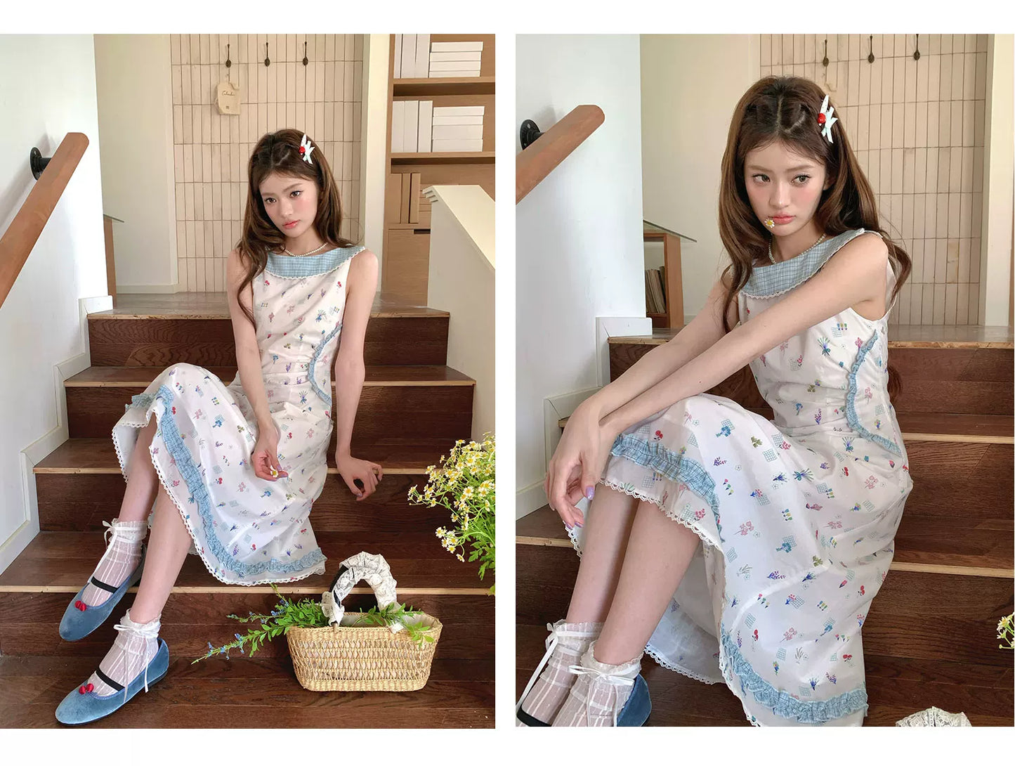 “Blue Meadow Letter” Misty Blue Floral Maxi Dress