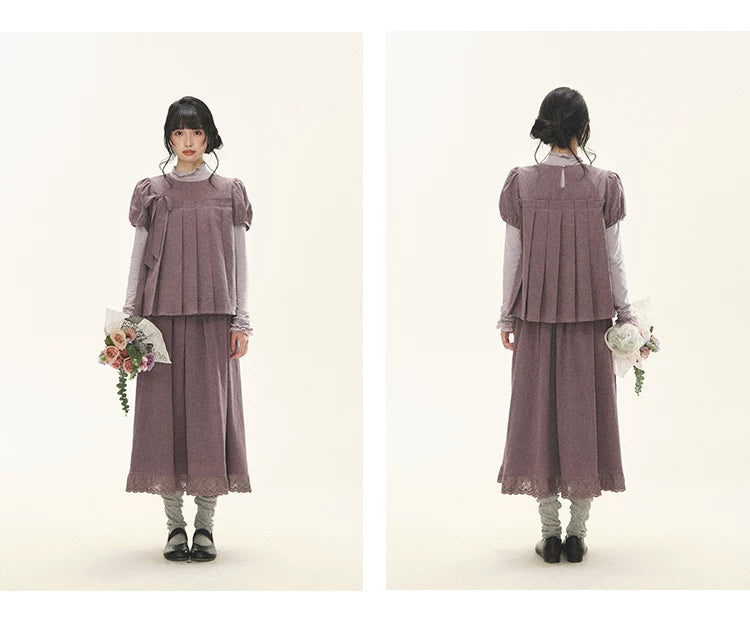 "Whispers Between Pleats" Gray Grape Purple Pleated Top & Maxi Skirt Set